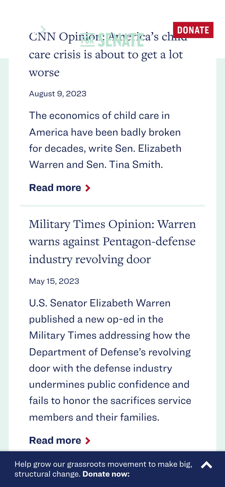 The mobile version presents a single-column layout optimized for small screens, with the 'For Senate' logo and red 'Donate' button at the top. The news articles are stacked vertically with large, legible text, and a dark blue donation banner remains fixed at the bottom of the viewport.