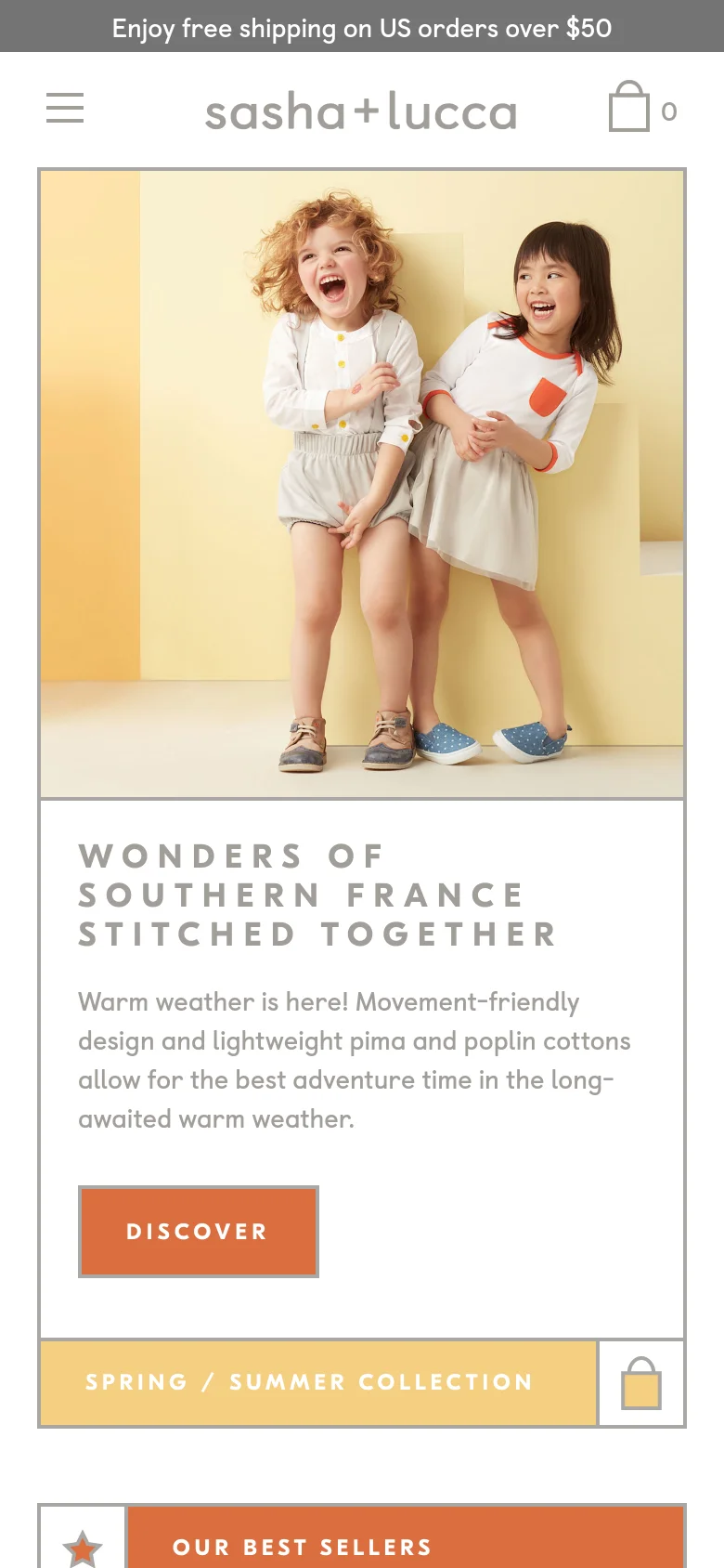 The mobile version uses a stacked layout optimized for vertical scrolling, beginning with a hamburger menu and the brand logo. The hero image of two children is positioned at the top, followed by the collection headline and the 'DISCOVER' button centered below the image. The design maintains the same soft color palette and minimalist aesthetic as the desktop version but condenses the navigation into a single menu icon.