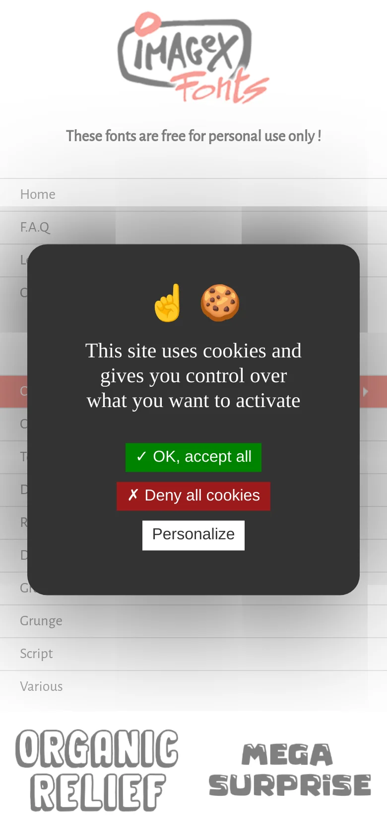 The mobile version features a vertically stacked layout where the site logo and disclaimer appear at the top. A large cookie consent overlay occupies the center of the screen with buttons to accept, deny, or personalize settings. Below the overlay, the font previews are arranged in a single-column list, and the navigation menu is presented as a full-width list.