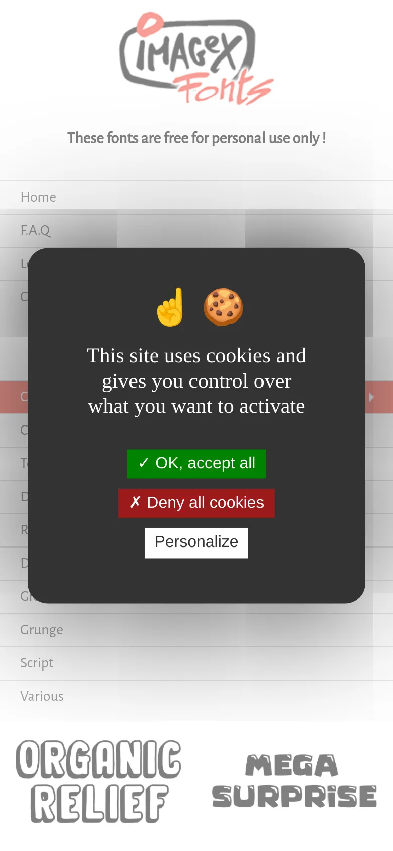 The mobile version features a vertically stacked layout where the site logo and disclaimer appear at the top. A large cookie consent overlay occupies the center of the screen with buttons to accept, deny, or personalize settings. Below the overlay, the font previews are arranged in a single-column list, and the navigation menu is presented as a full-width list.