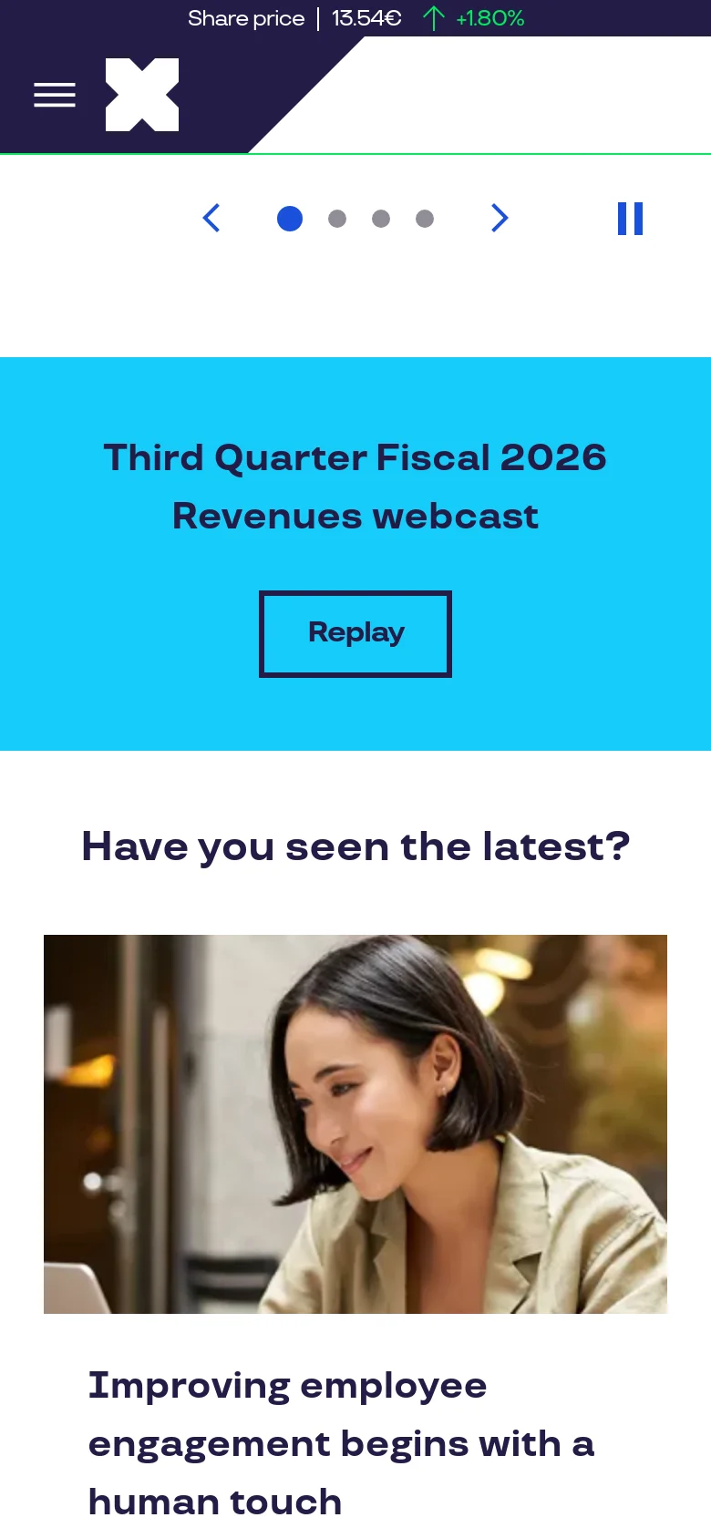 The mobile version simplifies the layout into a single-column vertical scroll. The top navigation is replaced by a hamburger menu icon next to the Pluxee logo, and the bright blue hero section spans the full width of the screen. Content cards, such as the 'Improving employee engagement' article, are stacked vertically for easier reading on a small screen.