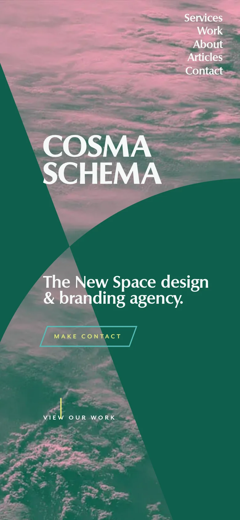 The mobile version presents a vertically stacked layout of the hero section, maintaining the pink cloud imagery and dark green geometric overlays. The text and call-to-action buttons are centered for easier tapping, and the navigation menu is moved to the top right corner.