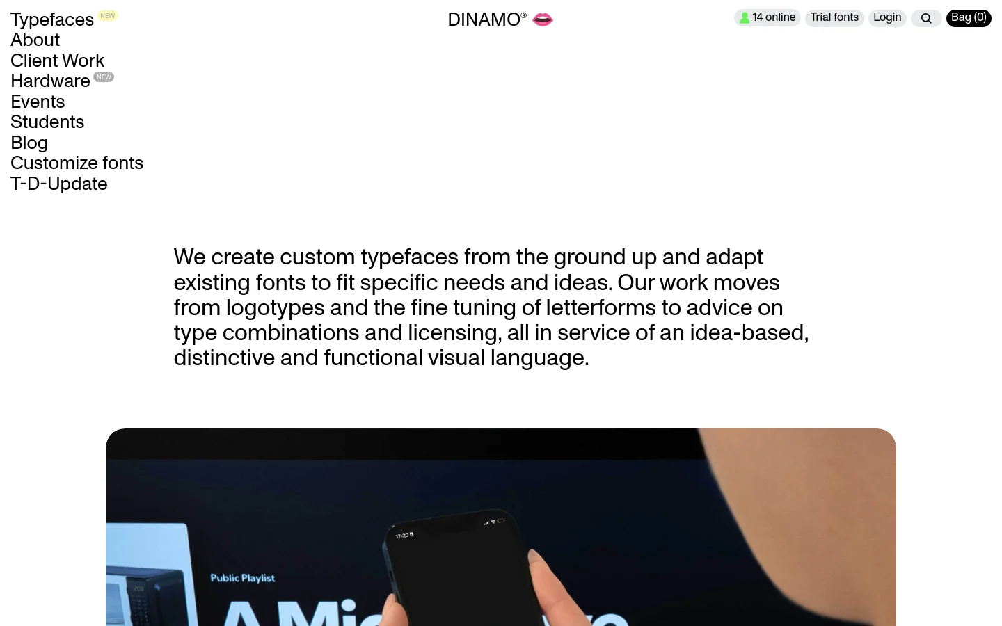 Dinamo Client Work page featuring a minimalist layout with large sans-serif typography on a white background. The hero section displays a high-resolution image of a smartphone mockup for Spotify Mix, followed by a vertical grid of project case studies including Patreon and On.