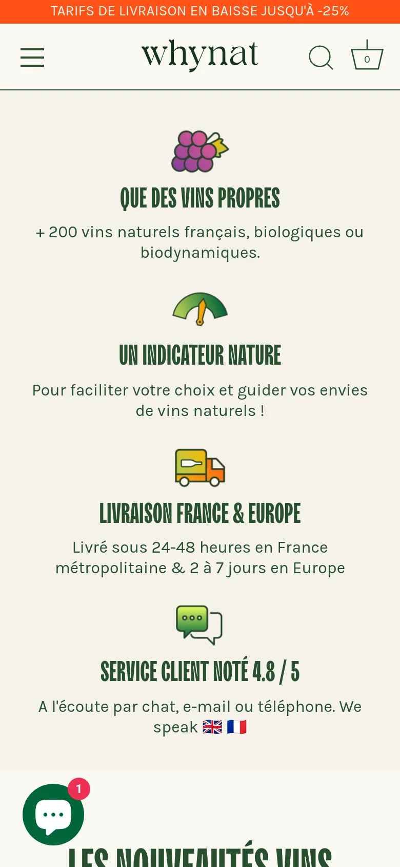 The mobile version uses a simplified layout with a hamburger menu, the Whynat logo, a search icon, and a shopping bag at the top. The feature sections are stacked vertically, presenting the icons and text for 'Que des vins propres', 'Un indicateur nature', 'Livraison France & Europe', and 'Service client' in a single column. The design maintains the same light beige and green color palette as the desktop version.