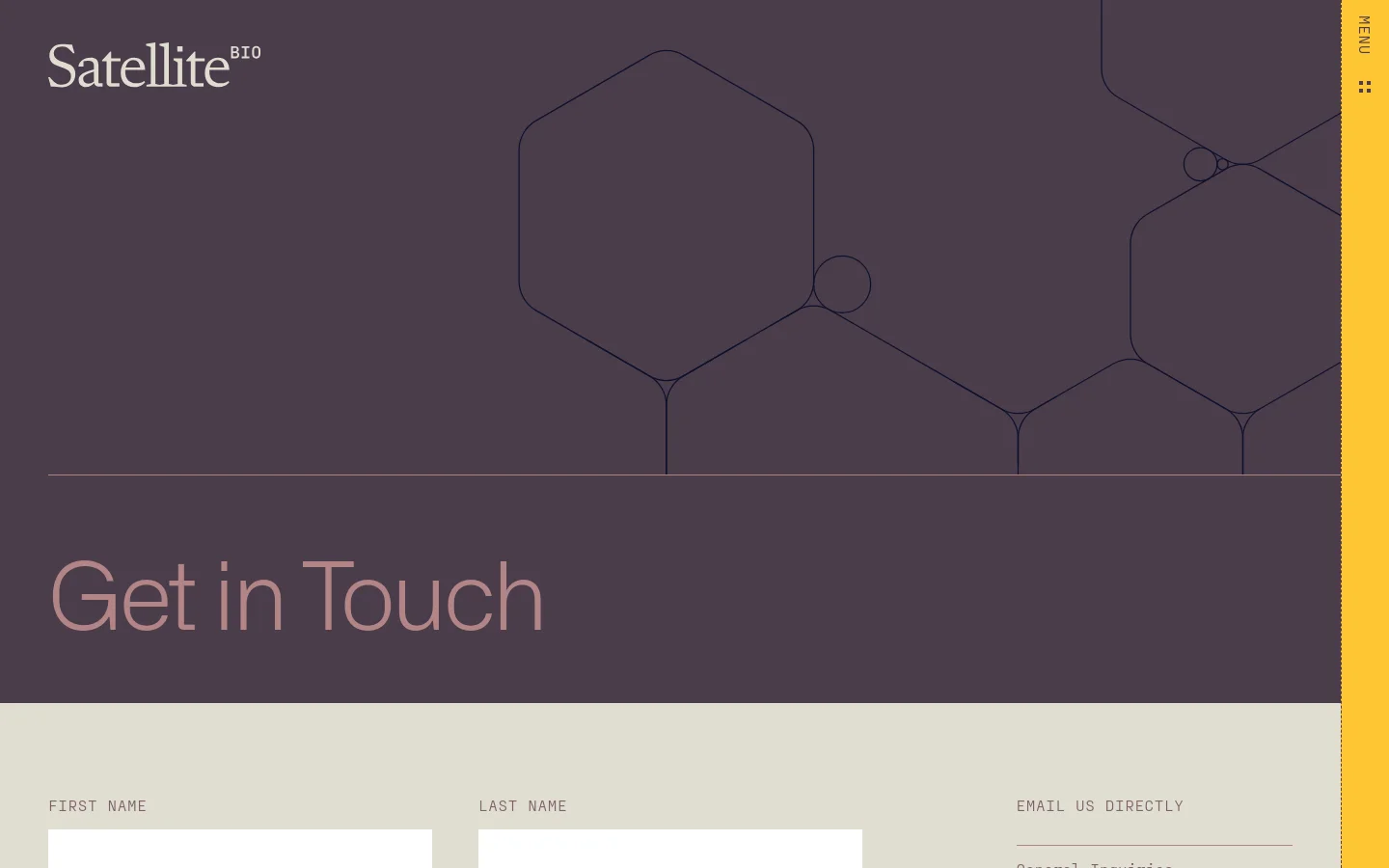 The desktop contact page features a dark purple hero section with large white 'Get in Touch' text and thin-lined geometric hexagonal patterns. Below the hero, a light beige section contains a contact form with fields for 'First Name' and 'Last Name' alongside email contact links. The layout is spacious with a minimalist aesthetic and a yellow menu button in the top right corner.