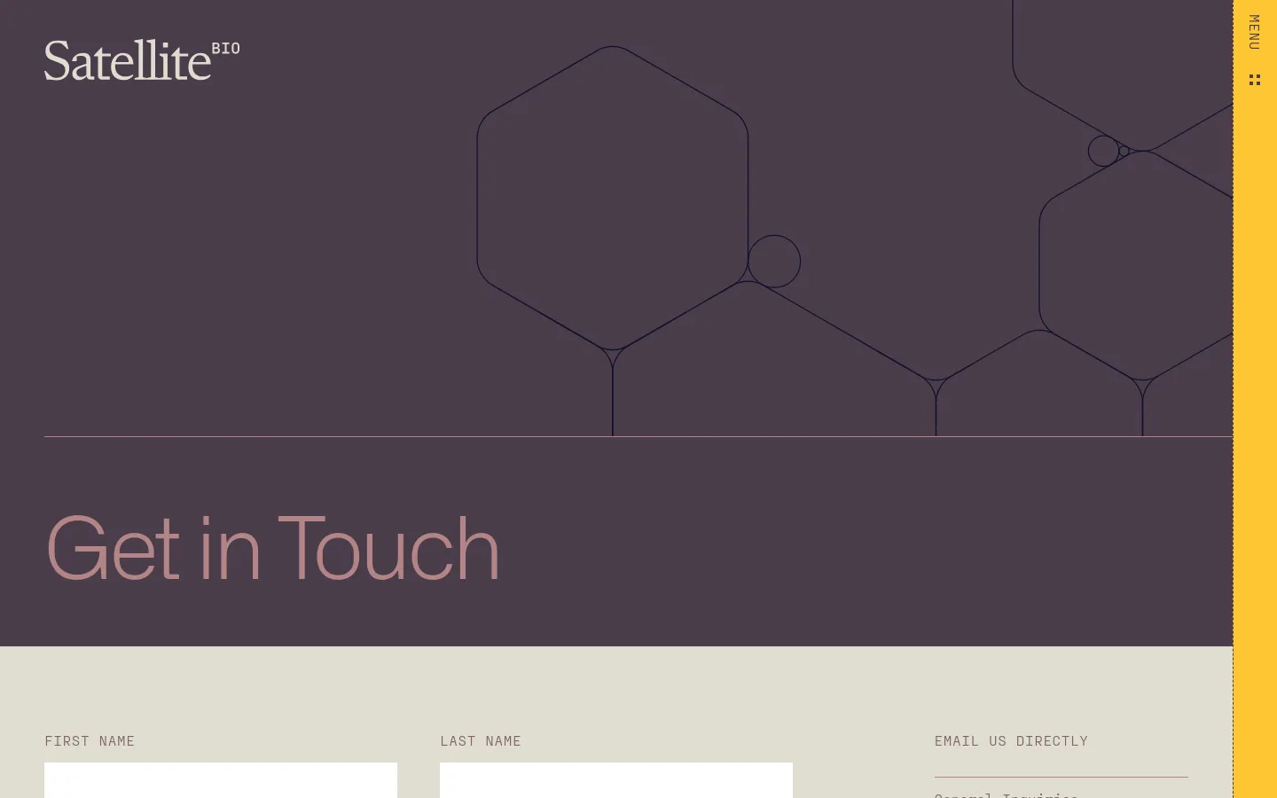 The desktop contact page features a dark purple hero section with large white 'Get in Touch' text and thin-lined geometric hexagonal patterns. Below the hero, a light beige section contains a contact form with fields for 'First Name' and 'Last Name' alongside email contact links. The layout is spacious with a minimalist aesthetic and a yellow menu button in the top right corner.