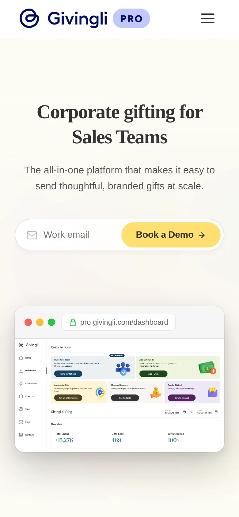 The mobile version presents a vertically stacked layout with the Givingli Pro logo and a hamburger menu at the top. The headline 'Corporate gifting for Sales Teams' is centered above a subheadline and a prominent, full-width gold 'Book a Demo' button. A simplified view of the dashboard interface follows the call-to-action section.