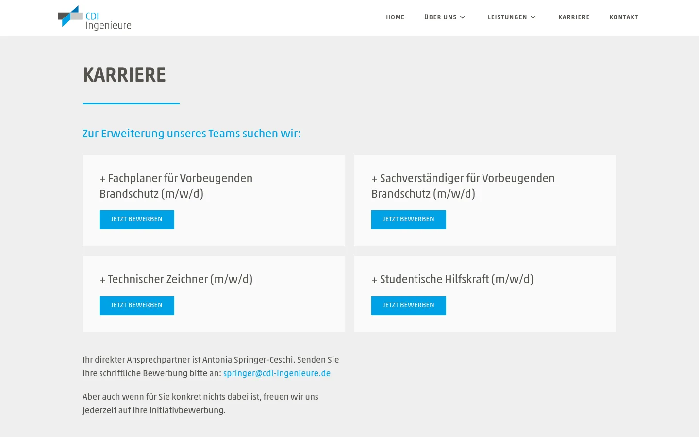 The desktop career page features a clean, light gray background with the heading 'KARRIERE' underlined by a blue bar. Four job openings are displayed in a two-column grid of white cards, each containing a job title and a bright blue 'JETZT BEWERBEN' button. A navigation menu is visible at the top right, and contact information for Antonia Springer-Ceschi is listed at the bottom.
