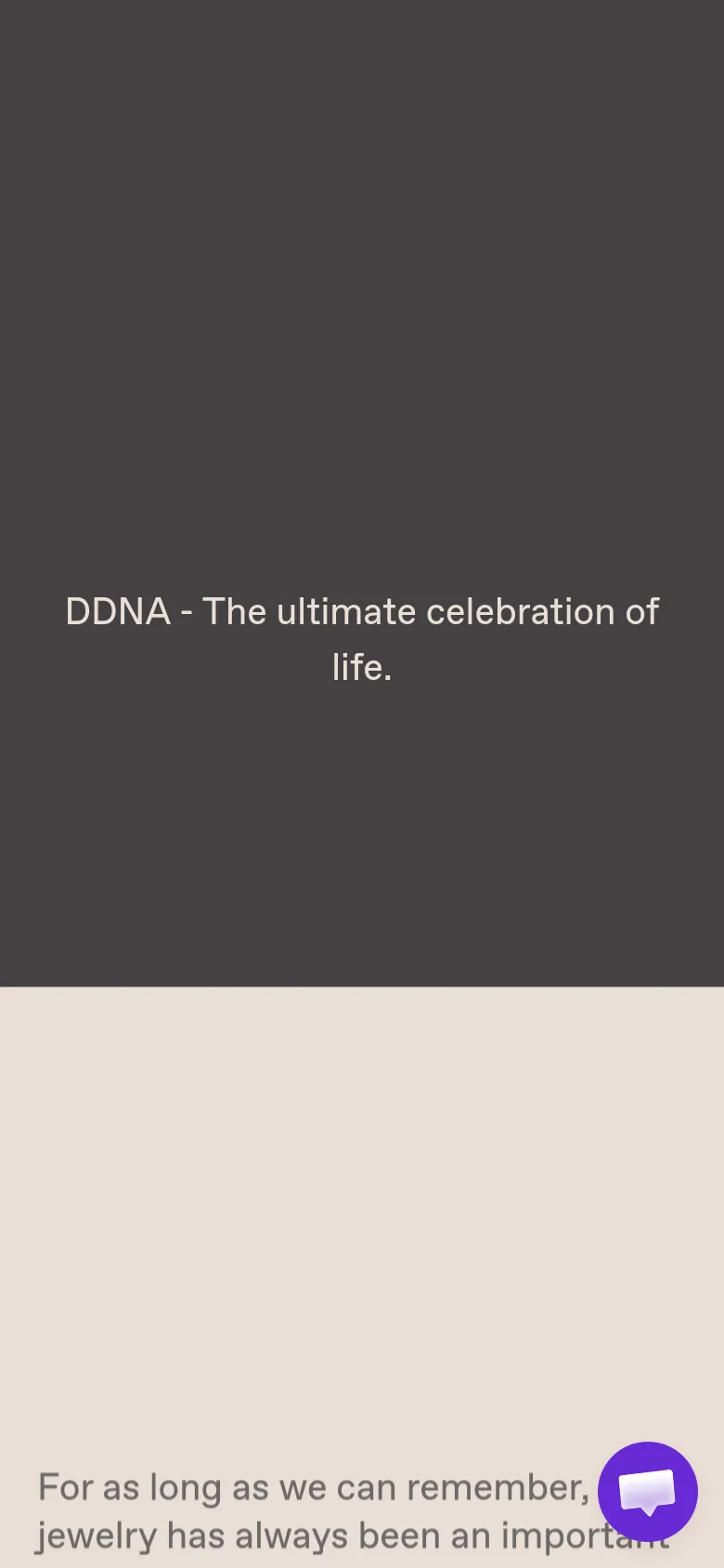 The mobile version maintains the dark gray hero section with centered white text, but the text is broken into more lines to fit the narrower screen. The subsequent light beige section follows a single-column vertical layout for the brand story and mission text.