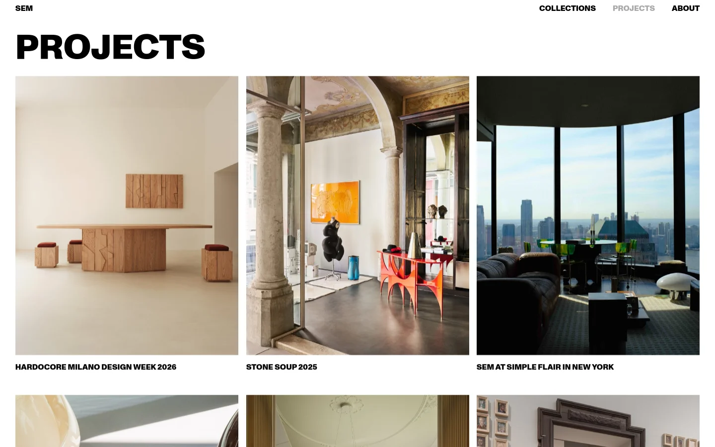 The desktop version of the Projects page features a large, bold 'PROJECTS' heading at the top left. Below, a grid of large, high-quality rectangular images showcases various design projects, each with a title in black capital letters underneath. The layout is clean and minimalist with a white background and a simple navigation menu at the top right.