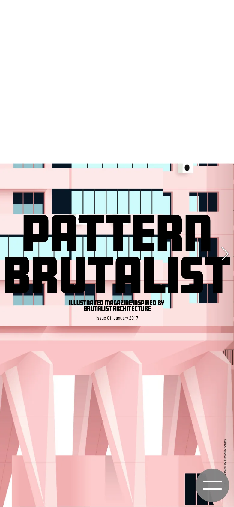 Mobile version of the homepage showing a vertically stacked layout of the pink architectural hero image. The large black title text is centered, and the navigation menu icon is positioned at the bottom right of the screen instead of the top.