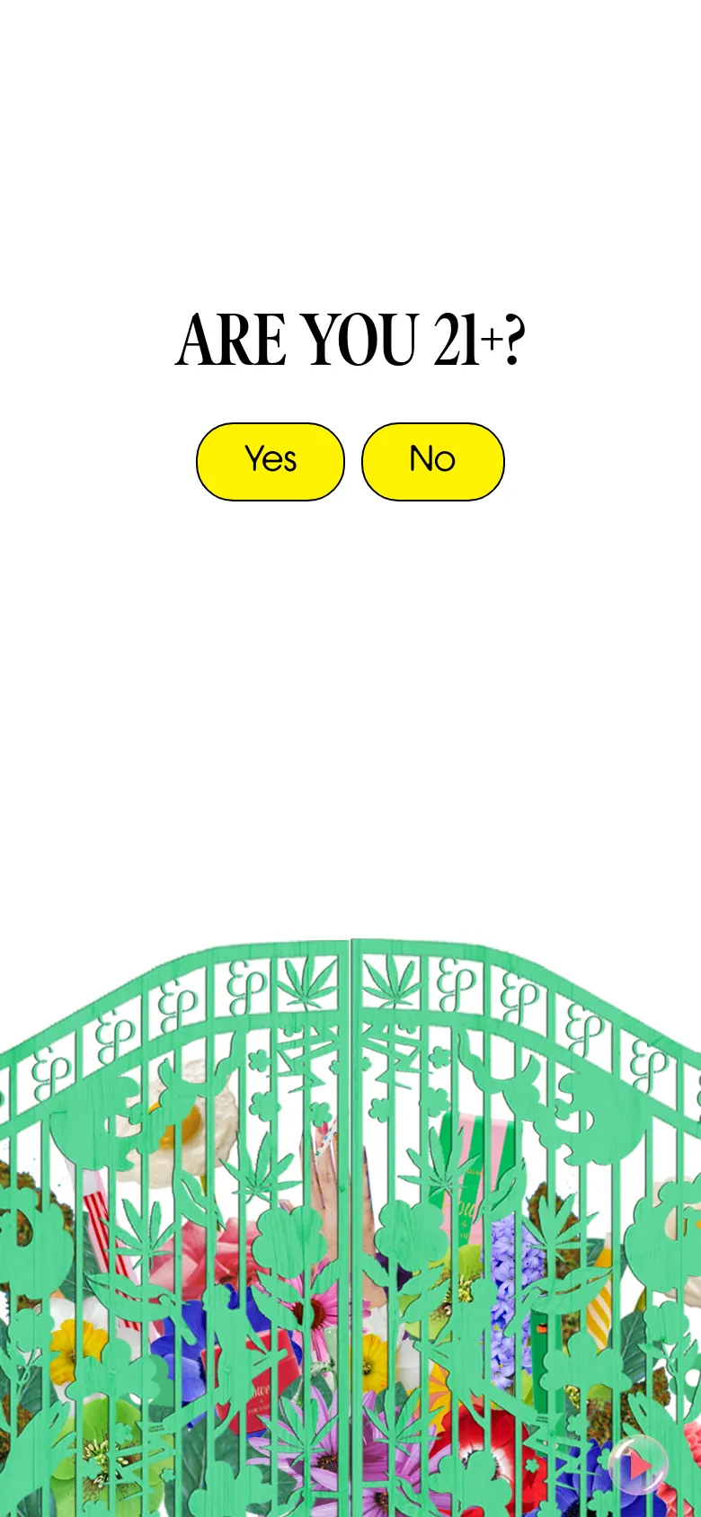 The mobile version maintains the same age verification layout with the 'ARE YOU 21+?' text and yellow buttons stacked vertically for easier tapping. The decorative mint-green gate and colorful garden imagery are scaled down and positioned at the bottom of the viewport.
