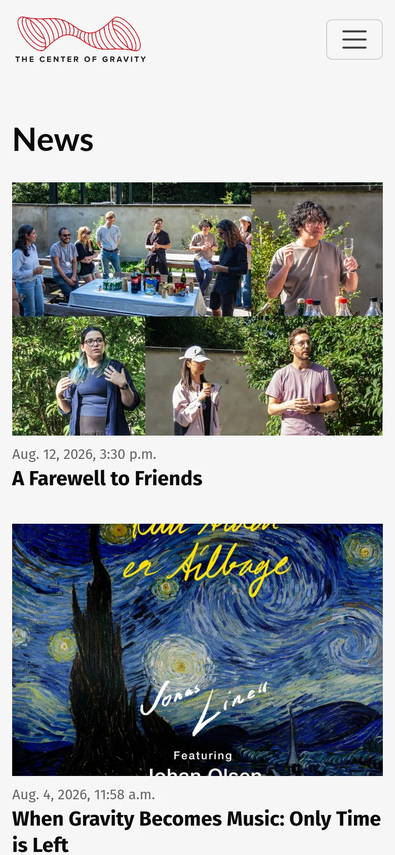 The mobile version presents a simplified single-column layout with a hamburger menu icon in the top right. The news articles are stacked vertically, showing one large image followed by the date and headline per entry to optimize for vertical scrolling on a narrow screen.