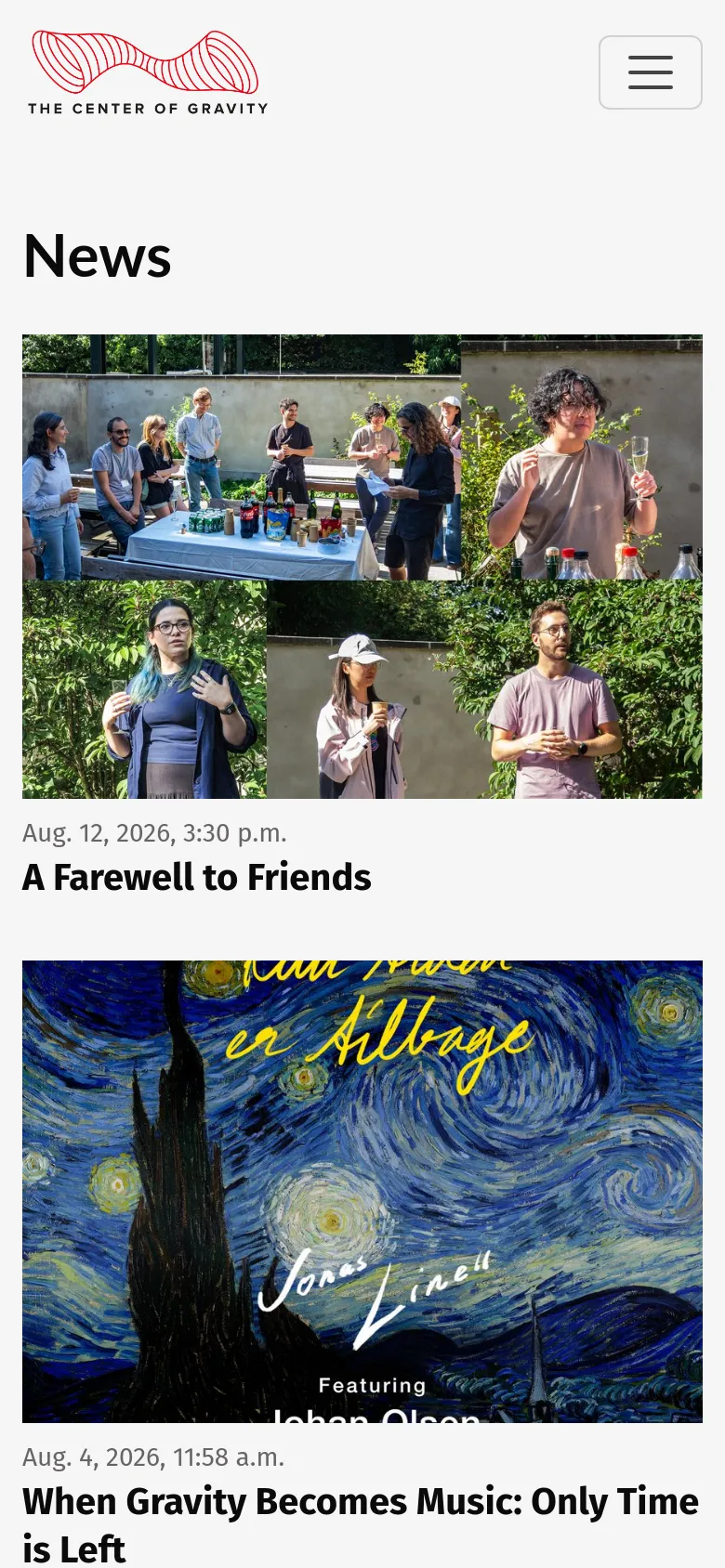 The mobile version presents a simplified single-column layout with a hamburger menu icon in the top right. The news articles are stacked vertically, showing one large image followed by the date and headline per entry to optimize for vertical scrolling on a narrow screen.