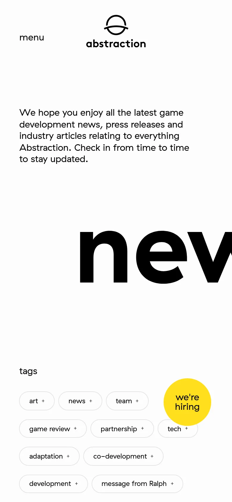 The mobile version maintains the minimalist white and black aesthetic but rearranges the content vertically. The logo and introductory text appear at the top, followed by the large 'news' headline, with the tag buttons stacked in a more compact, multi-row layout at the bottom.