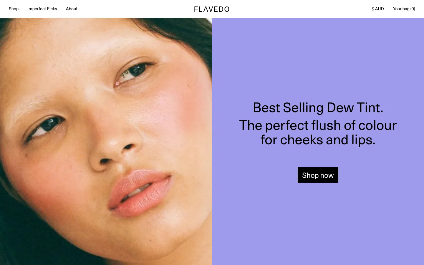 The desktop homepage features a split-screen hero section with a close-up portrait of a person wearing pink dew tint on the left and a lavender background with the headline 'Best Selling Dew Tint' and a black 'Shop now' button on the right. A white navigation bar sits at the top with links for Shop, Imperfect Picks, and About, alongside the brand name 'FLAVEDO'. Below the hero, a section titled 'Love makeup & hate plastic?' offers links to specific products like Dew Tint and Velvet Eyeshadow.
