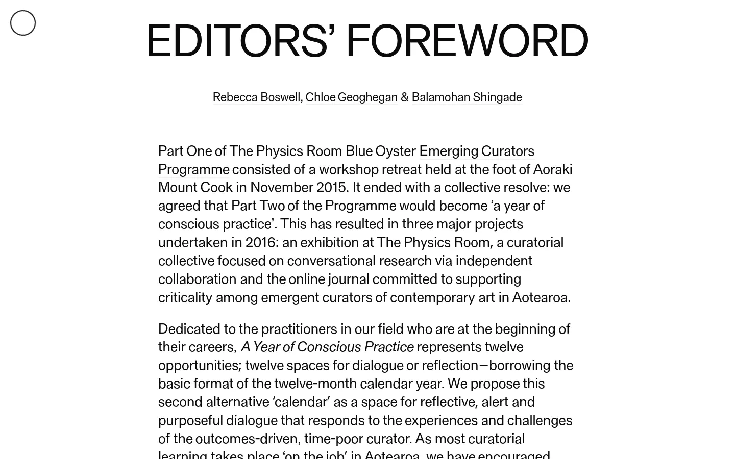 The desktop view shows a minimalist webpage with a white background and black text. A large, centered headline reads 'EDITORS’ FOREWORD' above the names of the three editors, followed by several paragraphs of body text. A small circular icon is visible in the top left corner.