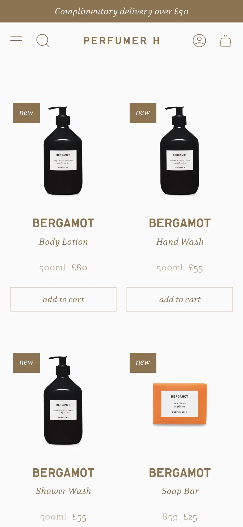 The mobile version uses a single-column layout to display the Bergamot product collection, including body lotion, hand wash, shower wash, and soap bar. Each product features a high-quality image, price in GBP, and an 'add to cart' button. The header is condensed with a hamburger menu, search icon, user profile, and shopping bag icon.