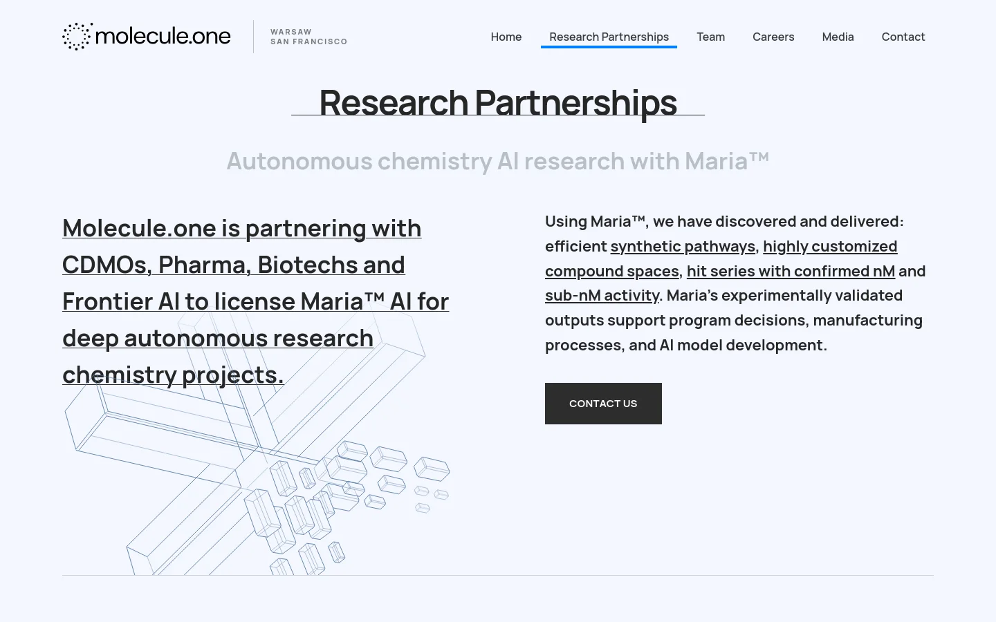 The desktop page features a clean, white background with the headline 'Research Partnerships' and a subheadline about autonomous chemistry AI. The layout is split into two columns: the left contains a large, underlined text block and a light blue wireframe illustration of geometric shapes, while the right contains descriptive text and a dark 'CONTACT US' button.