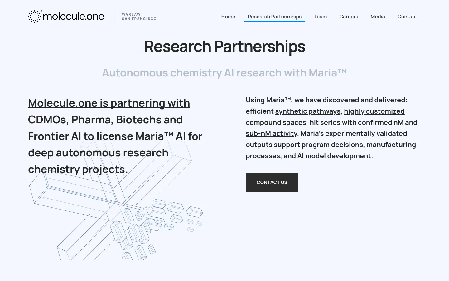 The desktop page features a clean, white background with the headline 'Research Partnerships' and a subheadline about autonomous chemistry AI. The layout is split into two columns: the left contains a large, underlined text block and a light blue wireframe illustration of geometric shapes, while the right contains descriptive text and a dark 'CONTACT US' button.