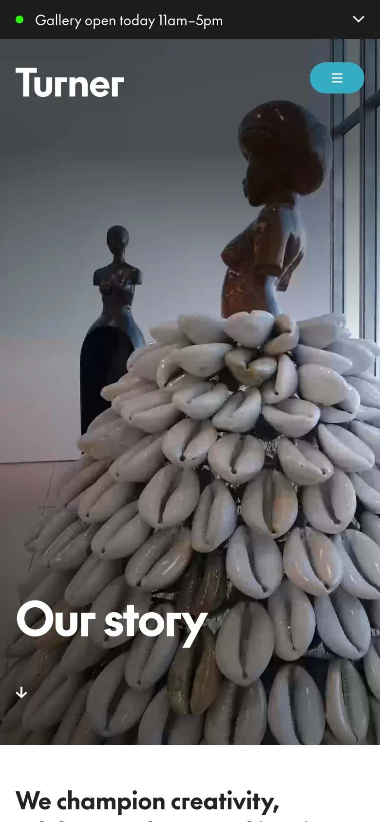 The mobile version maintains the large hero image of a seashell sculpture and the 'Our story' headline, but the layout is vertically stacked. The navigation is condensed, featuring only the Turner logo and a prominent hamburger menu icon in the top right, while the gallery hours remain visible in a dark top bar.