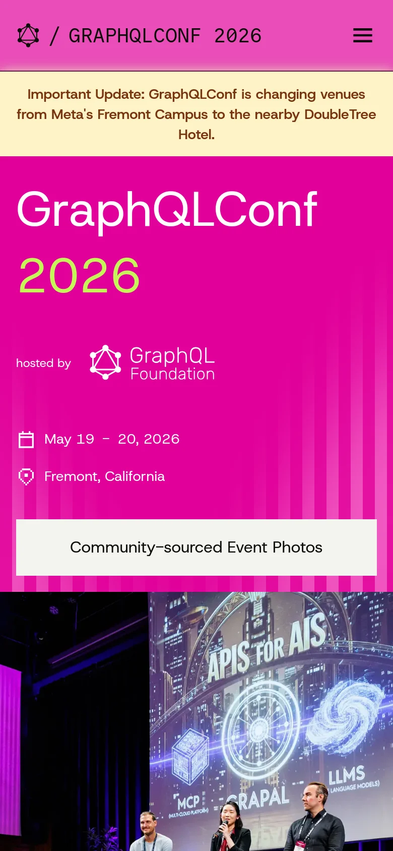 The mobile version presents a simplified vertical layout with a hamburger menu icon in the top right. The magenta hero section stacks the GraphQLConf 2026 title, host logo, dates, and location vertically, followed by a full-width button for community photos and a large image of conference speakers.