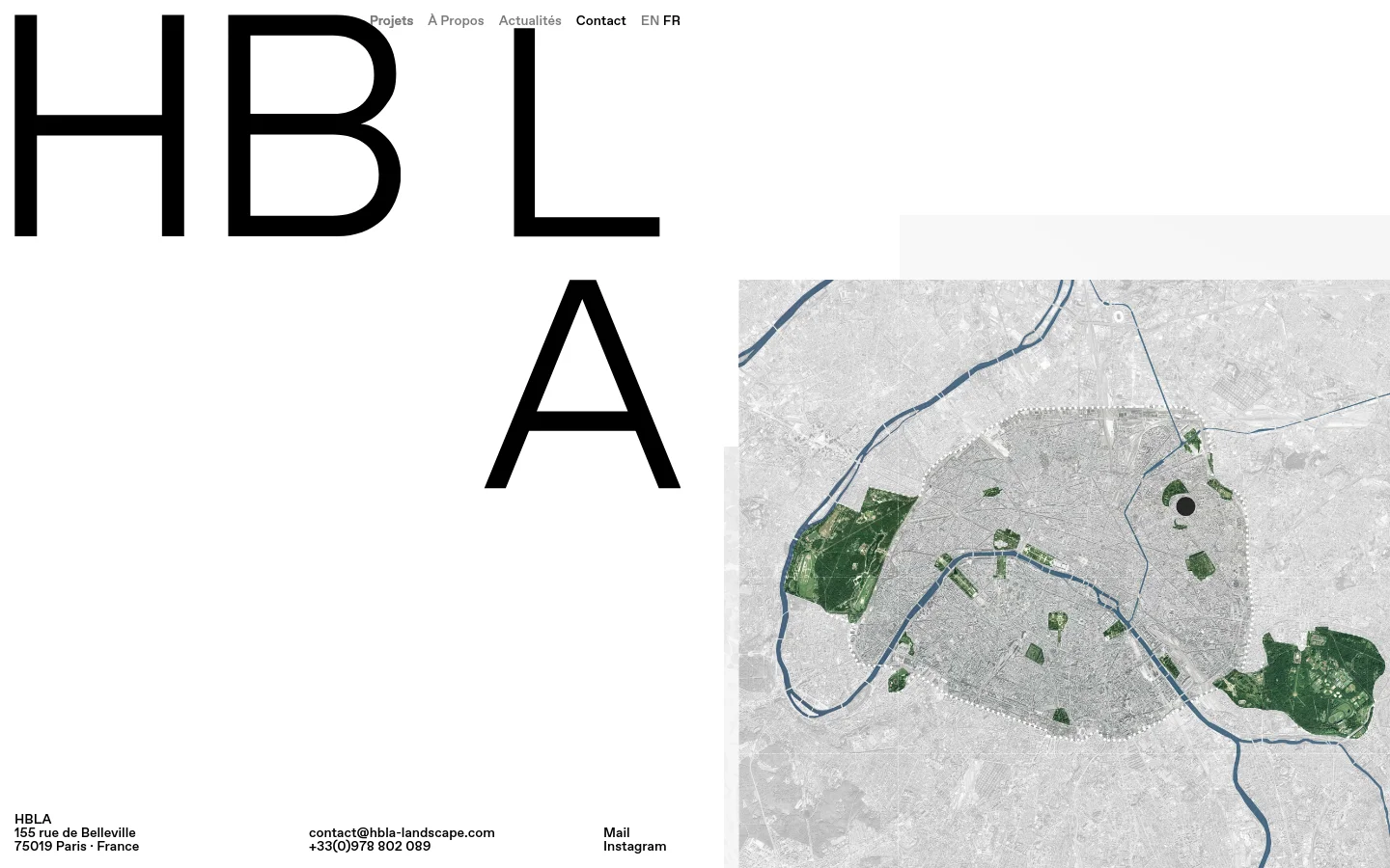 The desktop contact page features a minimalist design with large, bold black 'HBLA' typography on a white background. A navigation menu is at the top, while the bottom contains contact details, social links, and a large grayscale map of Paris with green highlighted areas. A large photographic image of a landscape project is partially visible on the right side.