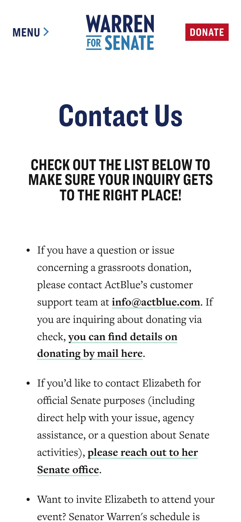 The mobile version simplifies the layout into a single vertical column with a centered logo and a red 'Donate' button in the header. A 'Menu' button with an arrow is positioned on the left, and the contact instructions and large 'Contact Us' headline are stacked vertically for easy scrolling.