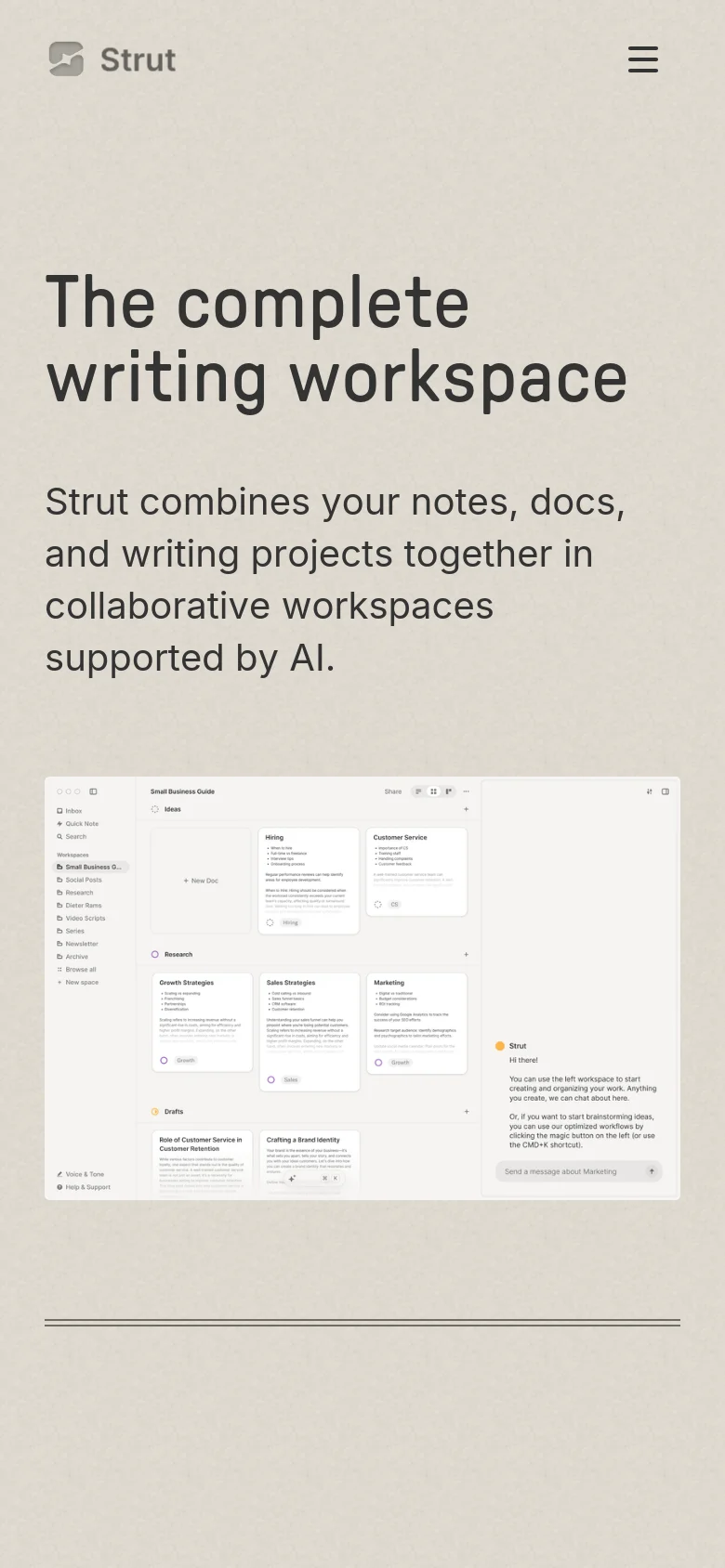 The mobile version maintains the minimalist beige and dark text aesthetic but simplifies the layout for a vertical screen. The large headline and 'Get Started' button are stacked vertically at the top, and the complex multi-paneled software interface from the desktop hero image is scaled down to fit the narrow width.
