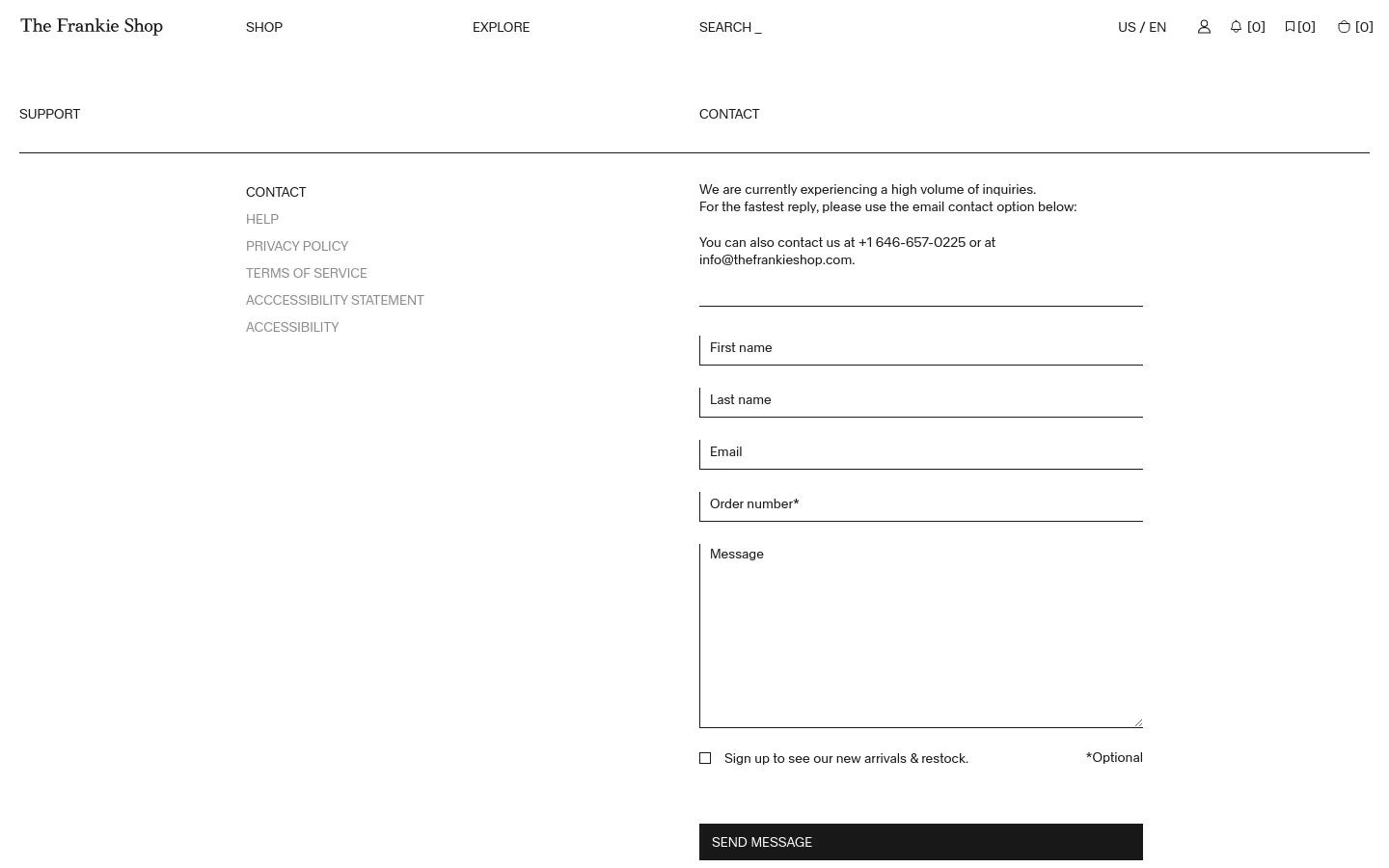 The desktop Contact page features a minimalist white layout with black text. A header contains the brand name, shop navigation, and search, while the main body displays a notice about high inquiry volumes, contact email and phone, and a vertical contact form with fields for name, email, order number, and message. A black 'SEND MESSAGE' button sits at the bottom.