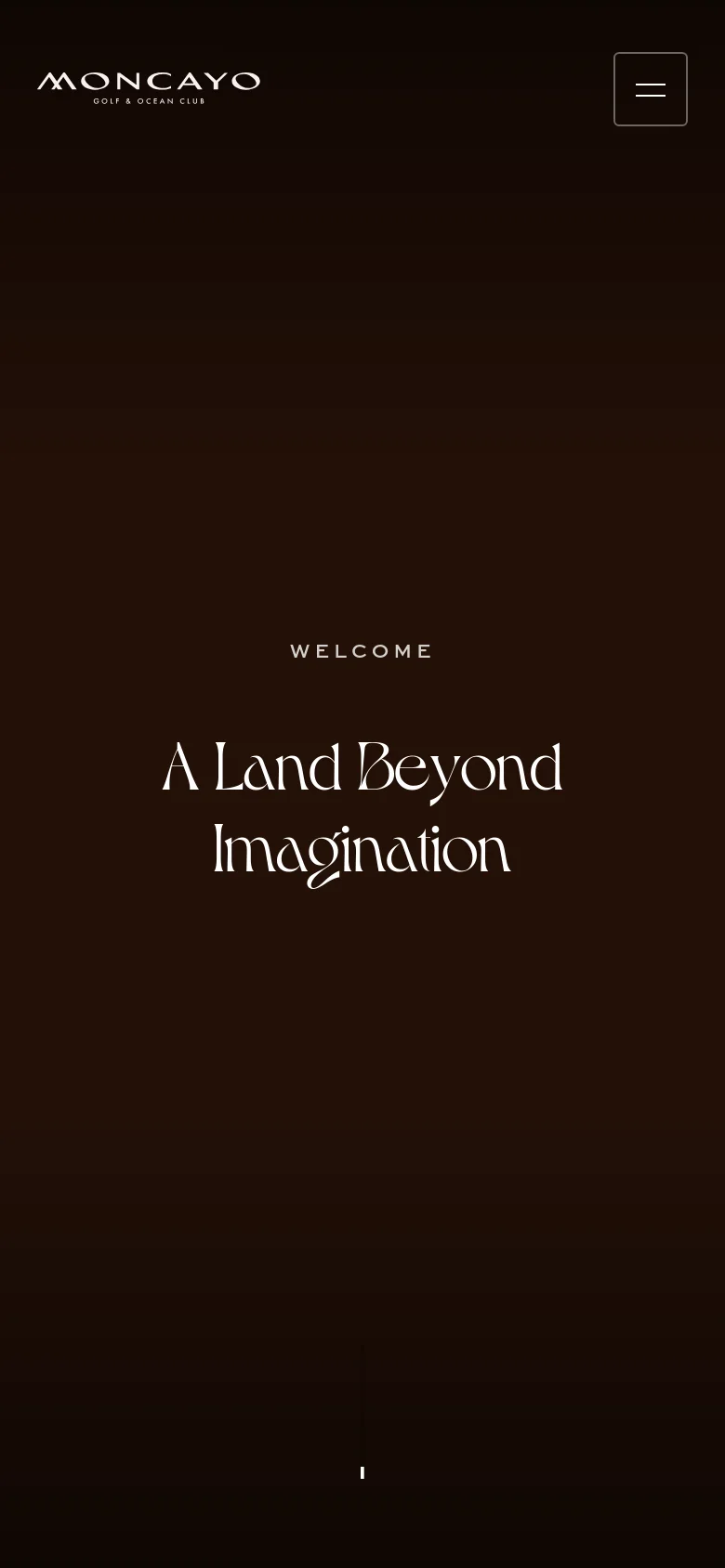 The mobile version presents a simplified, vertically oriented layout with a dark brown background. The Moncayo logo is positioned at the top left, while a large hamburger menu icon is located at the top right. The central hero text 'A Land Beyond Imagination' is centered and scaled for a smaller screen.