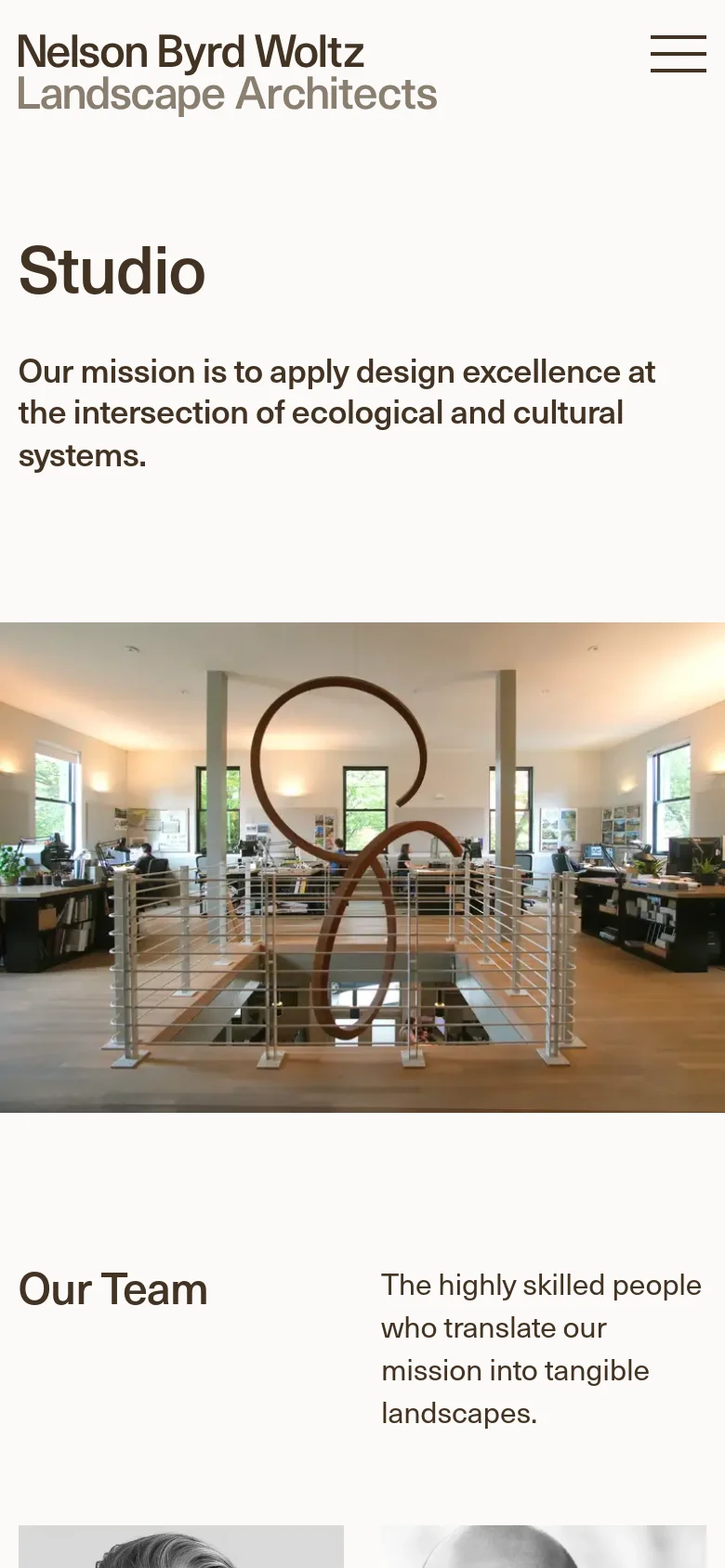 The mobile version presents a simplified vertical layout with a hamburger menu icon in the top right. The 'Studio' headline and mission statement are stacked above a full-width hero image of the office interior, followed by the 'Our Team' section heading.