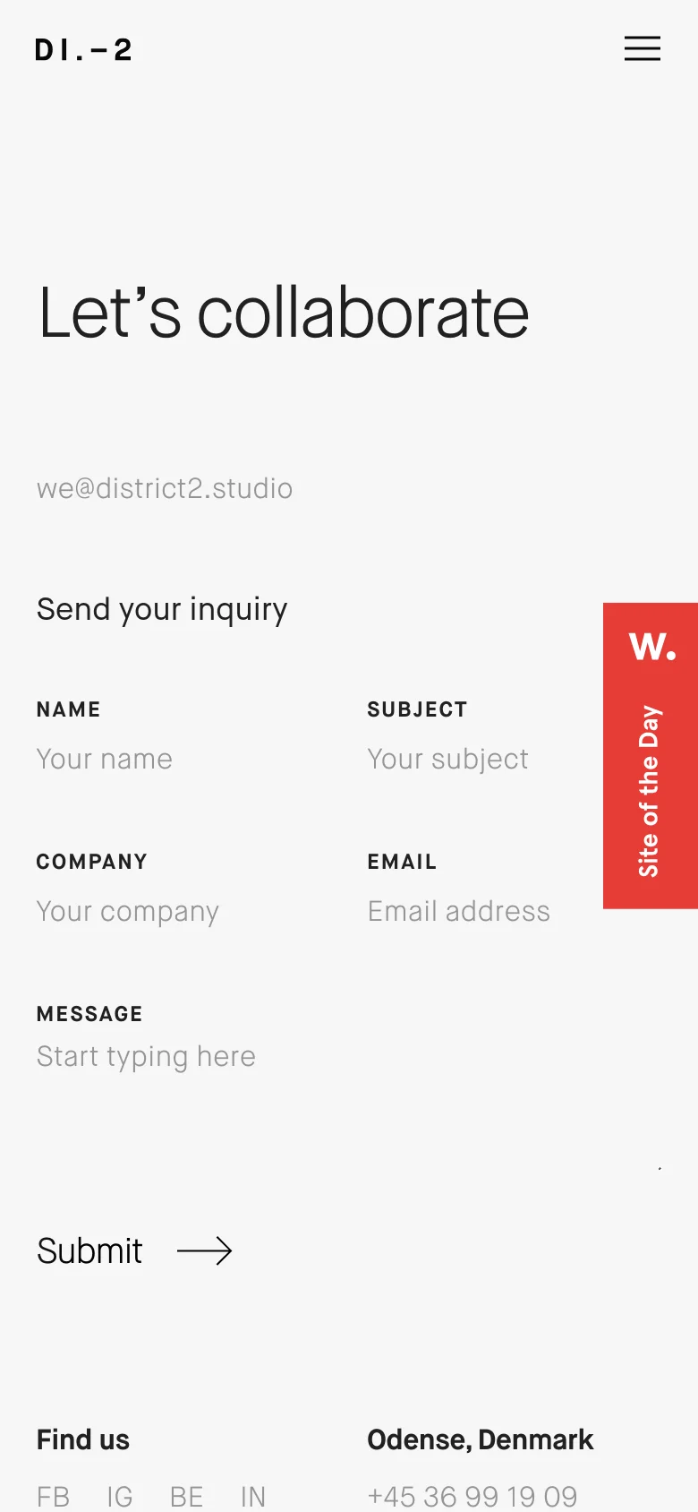 The mobile version maintains the minimalist white aesthetic but uses a single-column vertical layout. The 'Let's collaborate' headline and email appear at the top, followed by the inquiry form fields stacked vertically, and contact information at the bottom. A hamburger menu icon is visible in the top right corner.