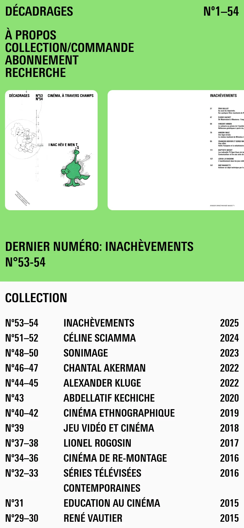 The mobile version maintains the light green background and bold black text but uses a vertical stack layout. The navigation menu and magazine cover imagery are centered, and the 'Collection' list is reformatted into a single column for easier scrolling on a narrow screen.
