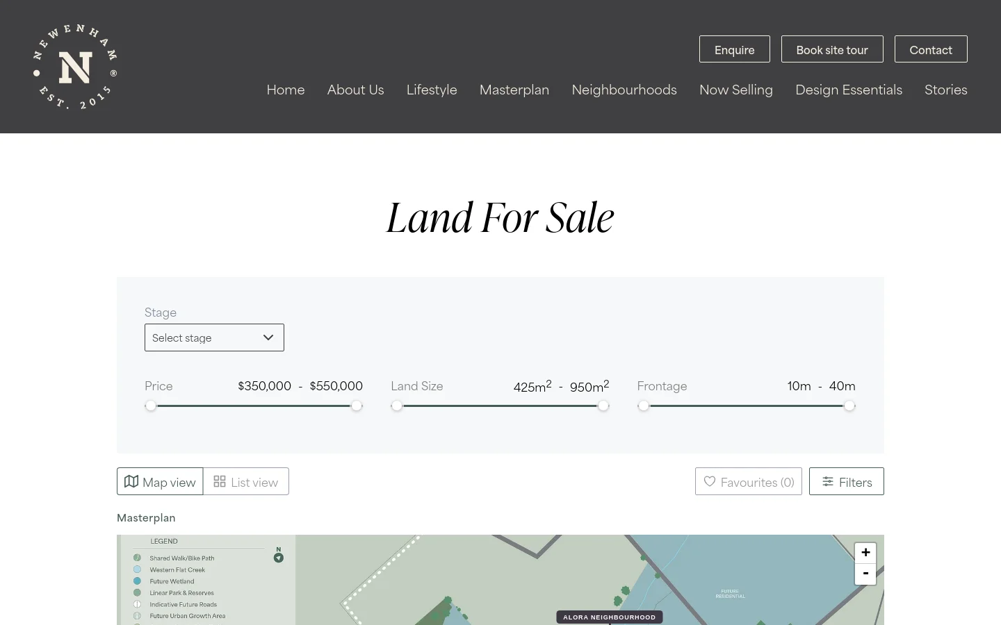 Desktop view of the Land For Sale page featuring a clean, white background with dark grey navigation. A large 'Land For Sale' heading sits above a filtering section with dropdowns and sliders for stage, price, land size, and frontage. Below the filters, buttons allow users to toggle between Map and List views, alongside a large interactive masterplan map.