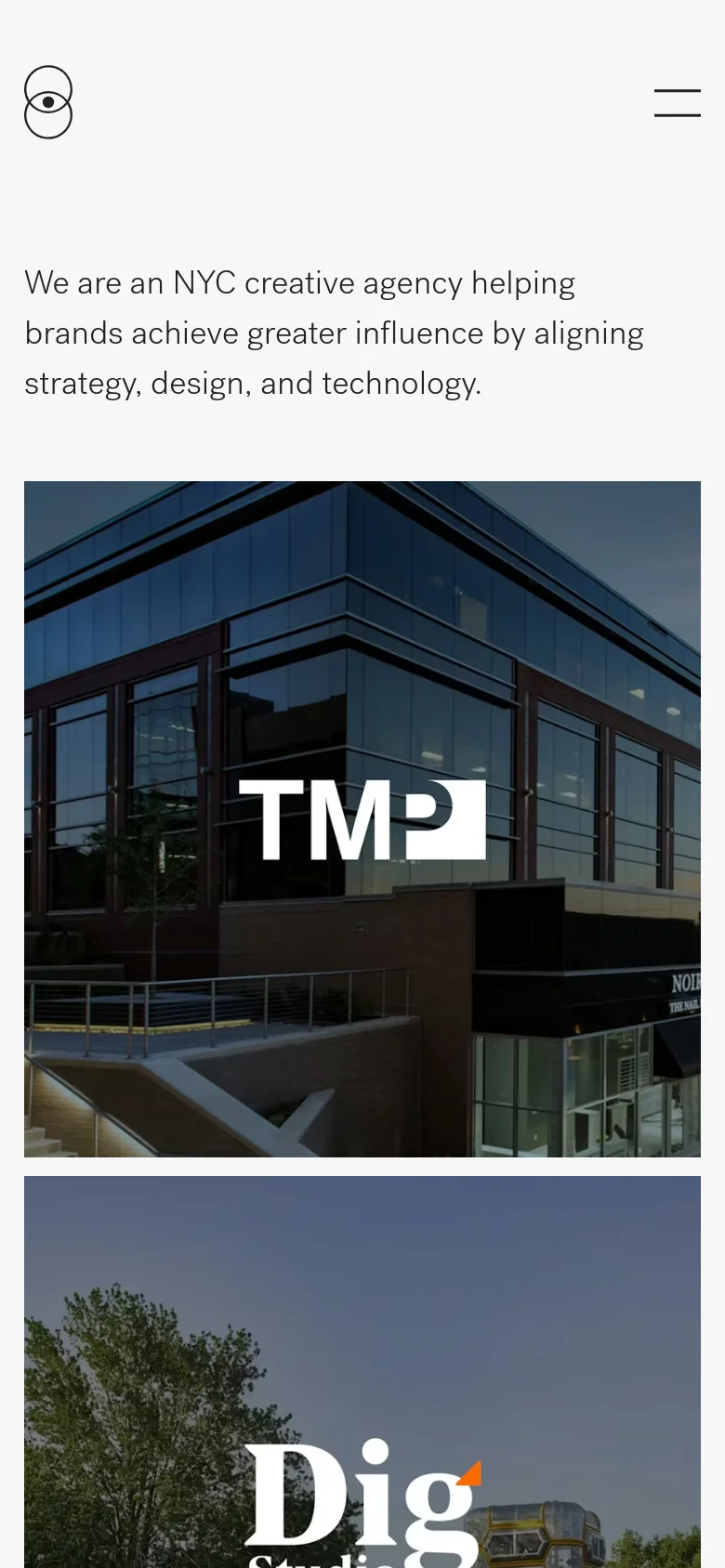 The mobile version uses a simplified layout with a hamburger menu icon in the top right and a centered logo. The hero text is stacked vertically, and the project imagery is displayed in a single-column scrolling format for easier viewing on smaller screens.