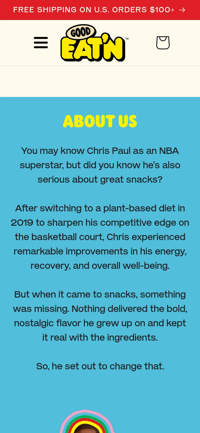 The mobile version presents a vertically stacked layout with a bright blue background. The 'ABOUT US' headline is centered in large yellow text, followed by the brand story text in a single column. The navigation is condensed into a hamburger menu and a shopping bag icon, and the red promotional banner remains at the top.