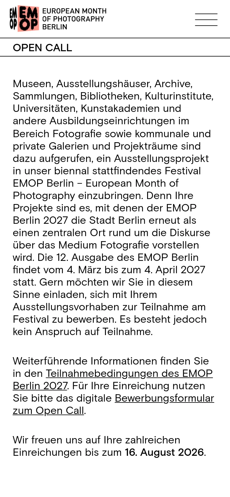 The mobile version presents a vertically stacked layout optimized for small screens. The top navigation is condensed into a hamburger menu icon next to the EMOP Berlin logo. The 'OPEN CALL' heading is prominent, followed by the body text and an FAQ section where the accordion arrows are clearly visible on the right side for easy tapping.