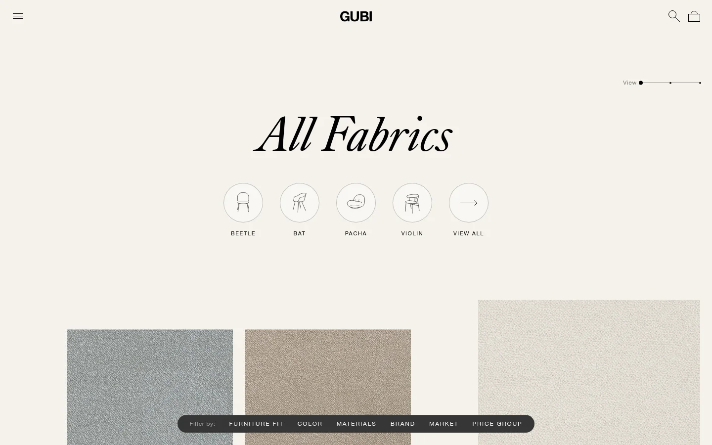 The desktop page features a minimalist design with a light beige background and a large, elegant 'All Fabrics' headline in a serif font. Below the headline, circular icons represent different furniture models like Beetle, Bat, and Pacha, alongside a 'View All' arrow icon. A dark grey filter bar at the bottom allows users to sort by furniture fit, color, materials, brand, market, and price group.