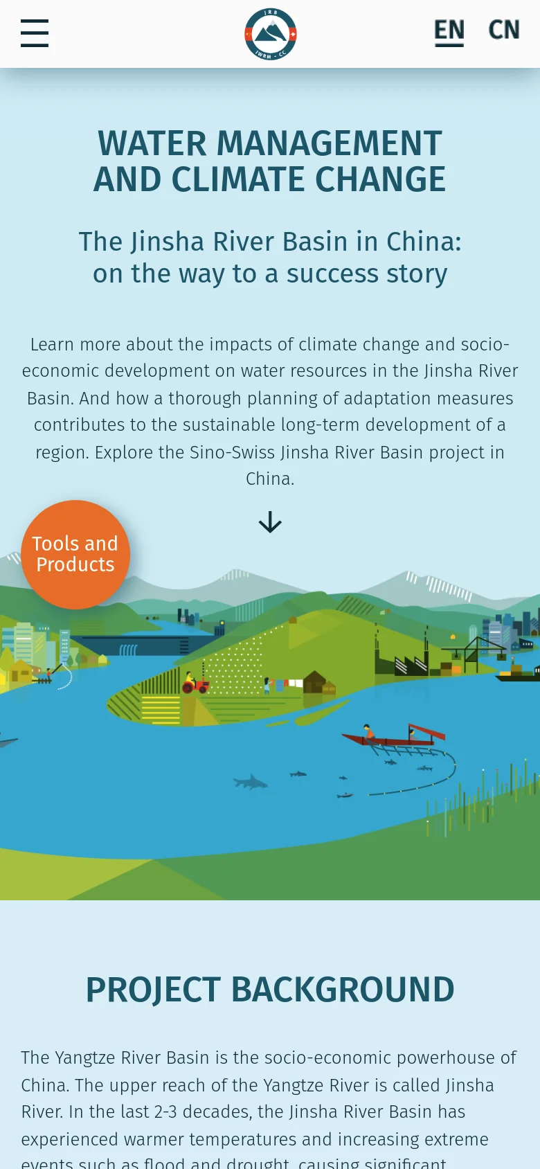 The mobile version maintains the same color palette and stylized landscape illustration but uses a vertically stacked layout. The headline and text are centered, and the 'Tools and Products' button is positioned prominently above the landscape. The top navigation is simplified with a larger hamburger menu on the left and language options on the right.