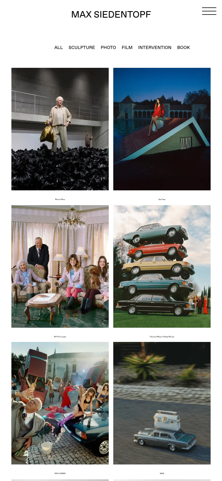 The mobile version maintains the minimalist aesthetic but uses a condensed layout. The header features a large centered title with a hamburger menu icon on the right, and the artwork grid transitions to a single-column or two-column view to fit the narrower screen.