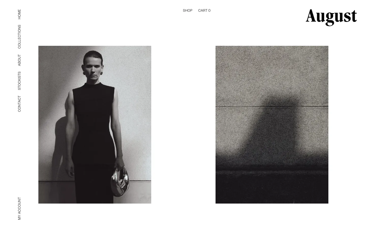 The desktop homepage features a minimalist design with a white background and black serif typography. A large black and white hero image shows a woman in a black sleeveless dress holding a silver bag, positioned next to a textured grey stone wall. Navigation links like Home, Collections, and About are arranged vertically on the left side, while Shop and Cart are at the top.