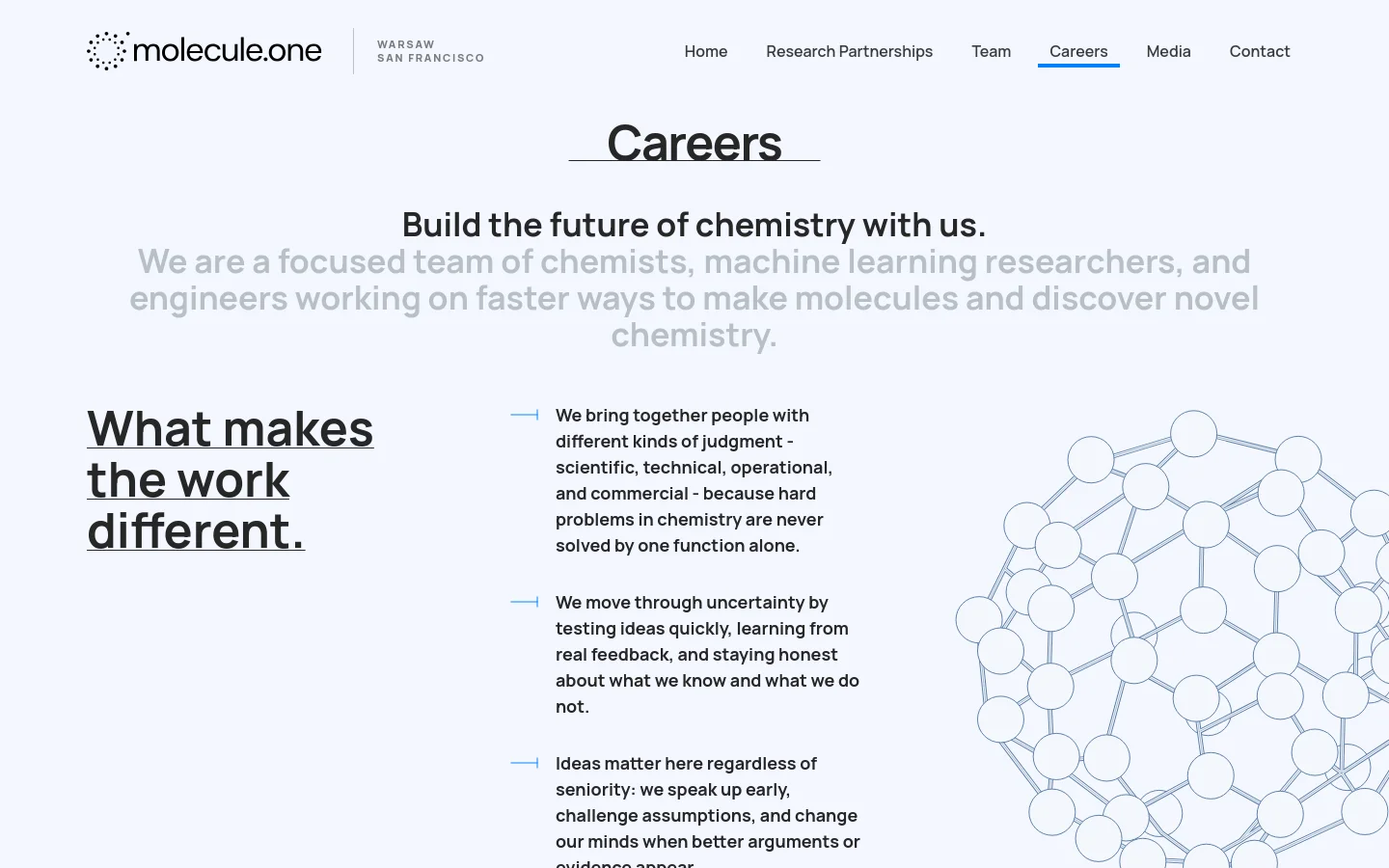 The Careers page features a clean, minimalist white layout with dark text and blue accents. A large headline reads 'Careers' above a hero section inviting users to 'Build the future of chemistry with us,' followed by a section titled 'What makes the work different' which uses a list of values paired with a large blue molecular structure graphic on the right.
