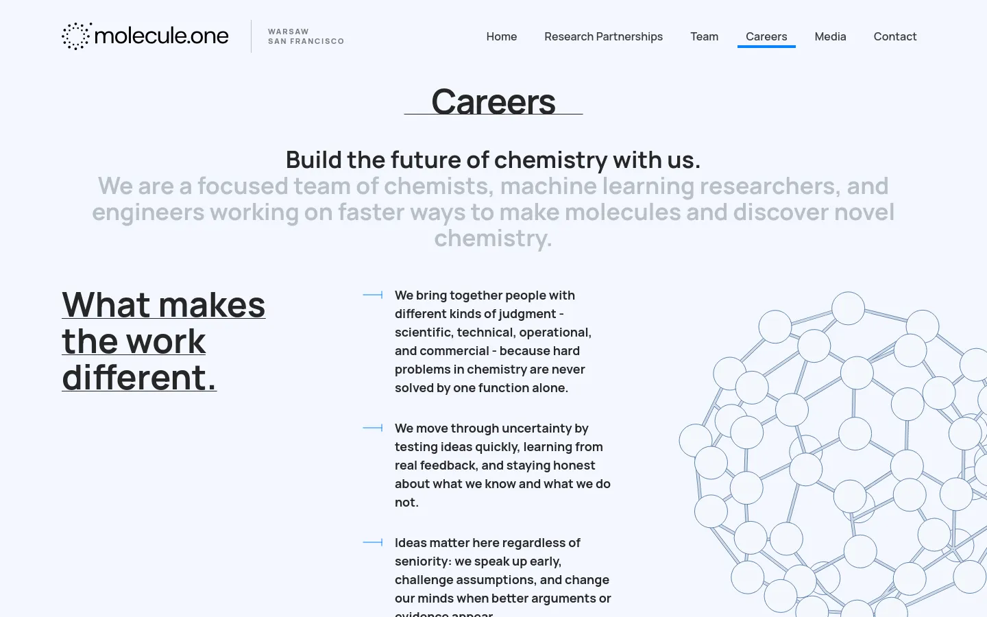 The Careers page features a clean, minimalist white layout with dark text and blue accents. A large headline reads 'Careers' above a hero section inviting users to 'Build the future of chemistry with us,' followed by a section titled 'What makes the work different' which uses a list of values paired with a large blue molecular structure graphic on the right.
