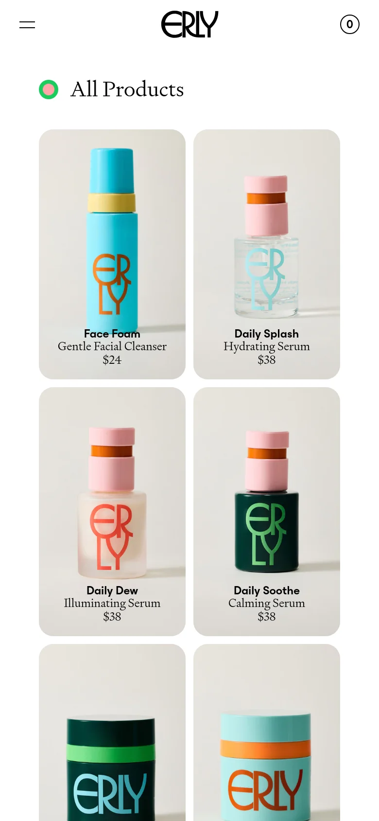 The mobile version presents the 'All Products' page in a single-column vertical scroll, focusing on large, high-quality product images. Each product entry includes the product name, its specific function, and the price, such as 'Daily Dew Illuminating Serum $38'. The top navigation is condensed into a hamburger menu, the brand logo, and a cart icon.