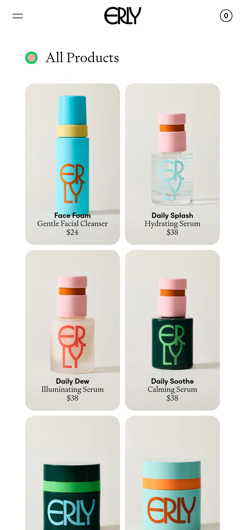 The mobile version presents the 'All Products' page in a single-column vertical scroll, focusing on large, high-quality product images. Each product entry includes the product name, its specific function, and the price, such as 'Daily Dew Illuminating Serum $38'. The top navigation is condensed into a hamburger menu, the brand logo, and a cart icon.