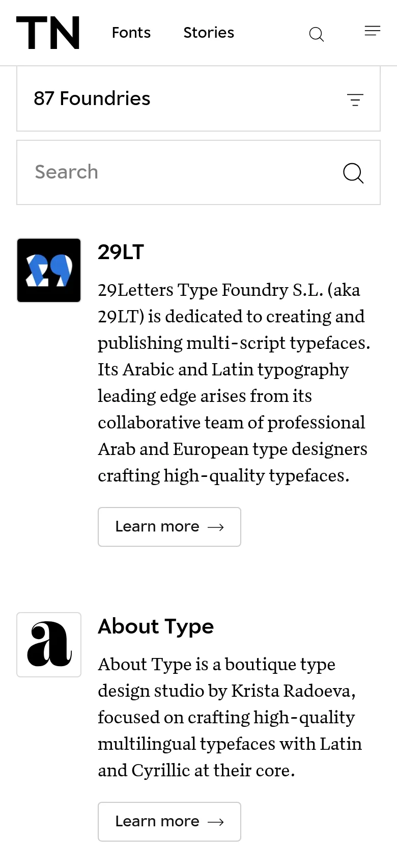 The mobile version simplifies the layout into a single-column vertical list of foundry entries. The navigation bar is condensed into a hamburger menu and a search icon, and the search bar for foundries spans the full width of the screen for easier touch interaction.