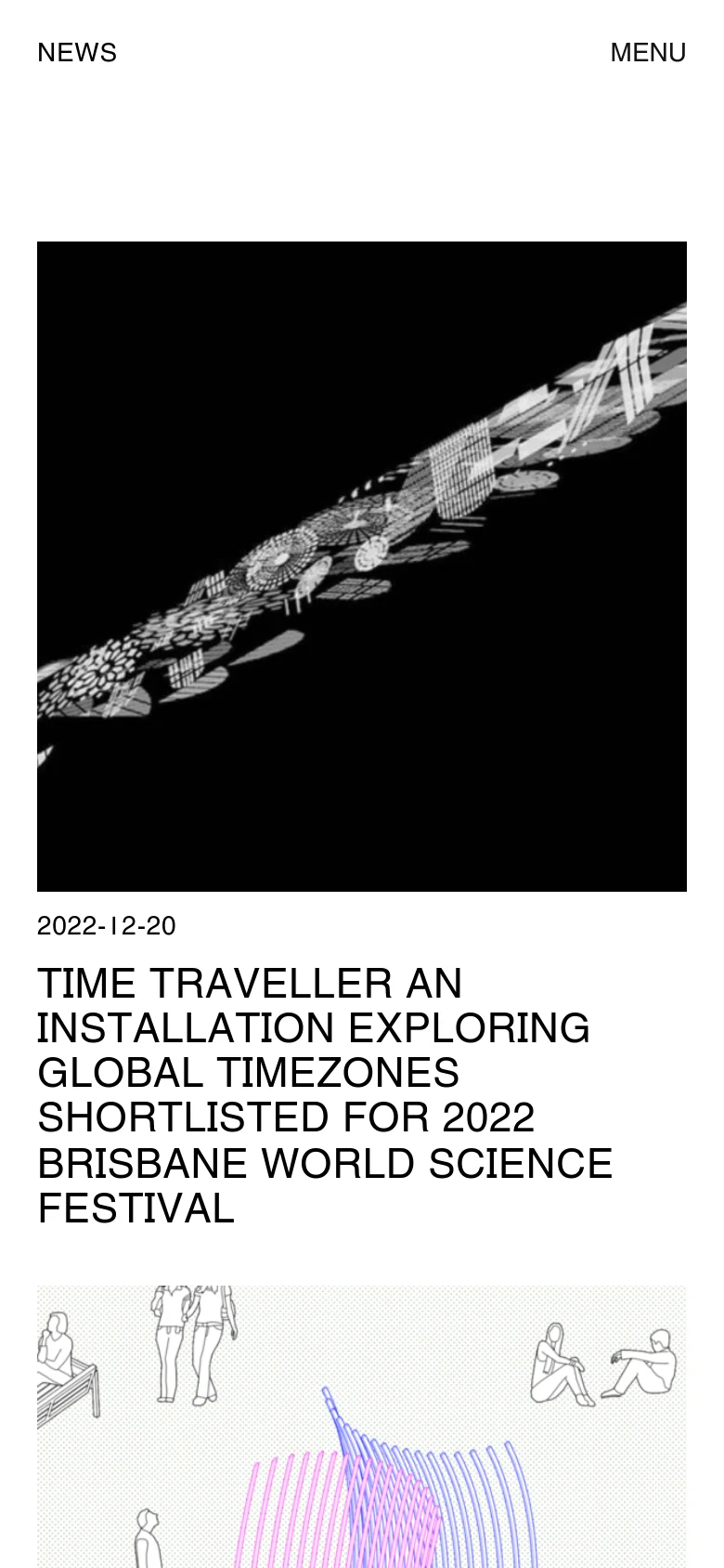 The mobile version simplifies the layout into a single-column vertical stack. The images and headlines are scaled to fit the width of the screen, and the header is condensed with 'NEWS' and 'MENU' positioned on opposite sides of the top bar.