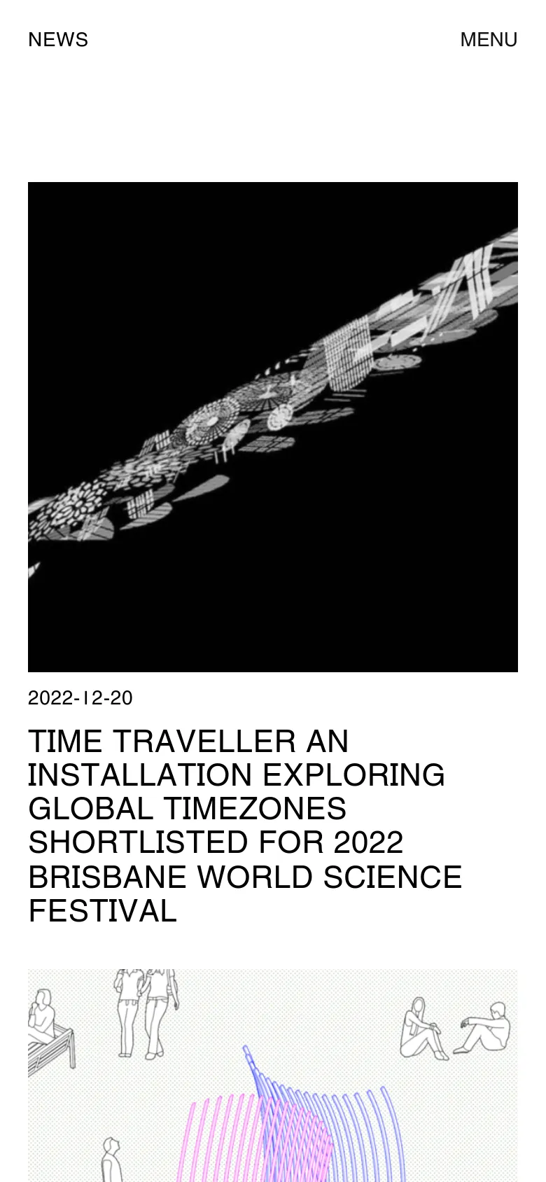 The mobile version simplifies the layout into a single-column vertical stack. The images and headlines are scaled to fit the width of the screen, and the header is condensed with 'NEWS' and 'MENU' positioned on opposite sides of the top bar.