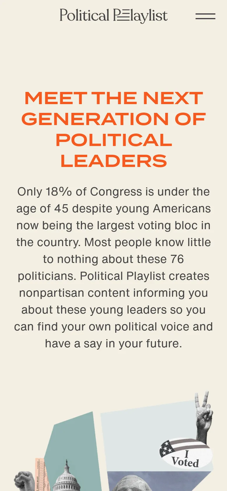 The mobile version maintains the cream background and bold orange headline, but the text is stacked vertically to fit the narrow screen. The layout is simplified, centering the headline and descriptive text, with the hero image appearing at the bottom of the viewport.